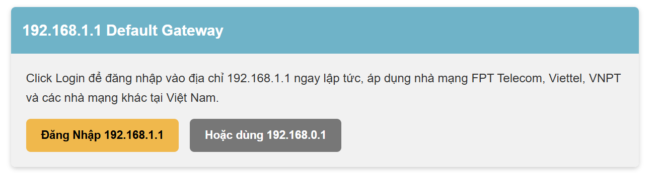 Ảnh chụp 192.168.1.1 Default Gateway trên trang của FPT