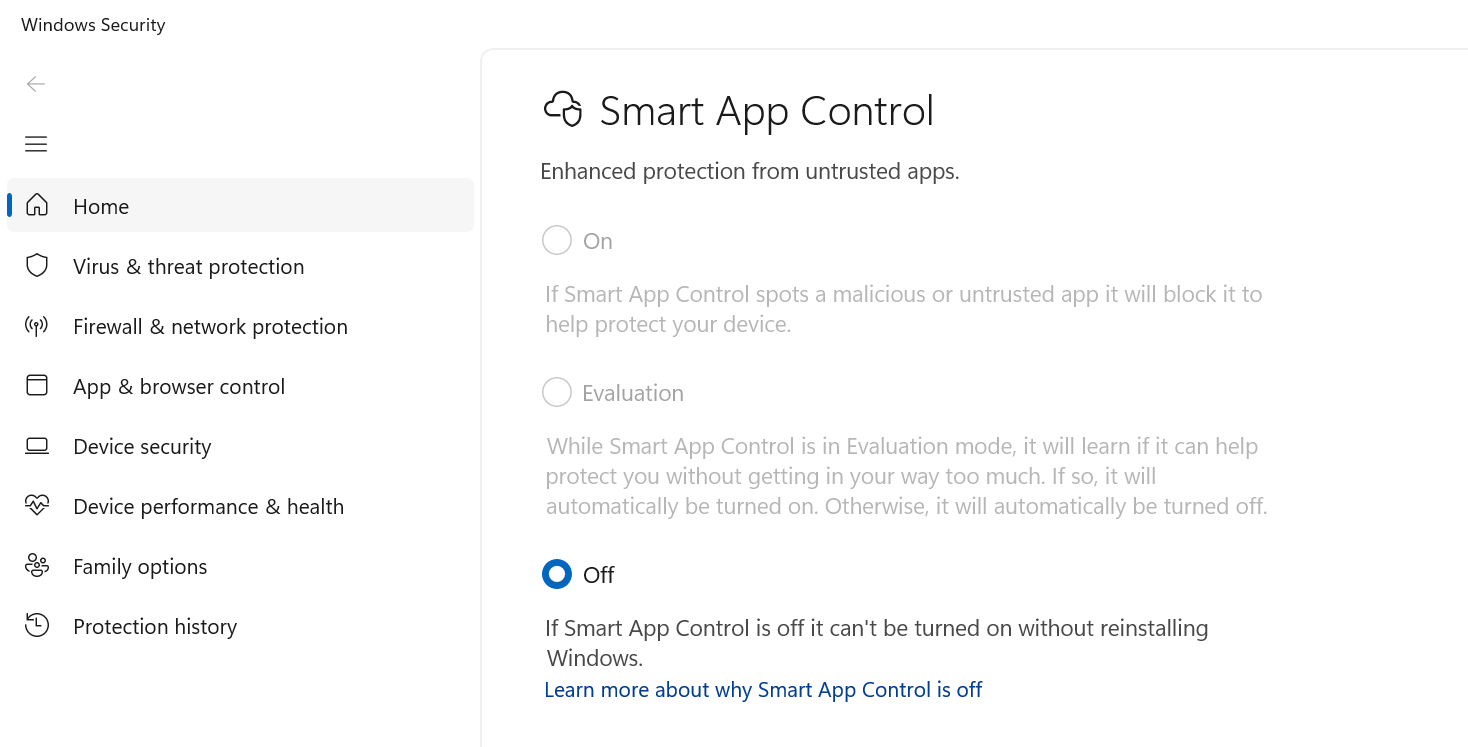 Chọn tắt trong chế độ Smart app control