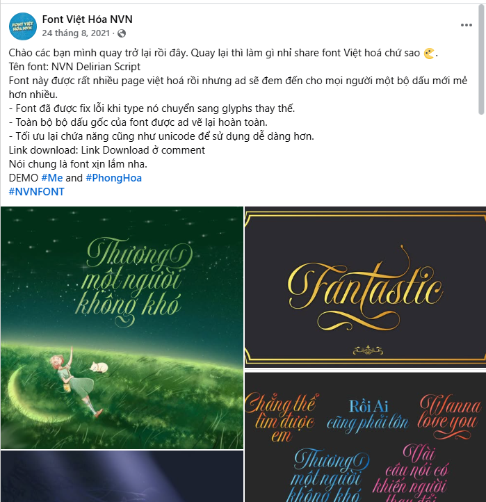 Thông điệp chia sẻ font của NVN Delirian Script