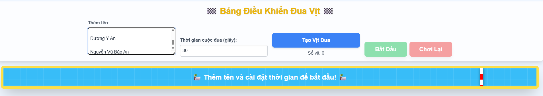Thêm tên học sinh, cài đặt thời gian và có thể bắt đầu ngay lập tức rồi