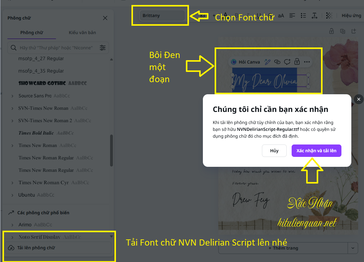 cách tải font chữ viết tay Font Việt hóa NVN Delirian Script lên Canva