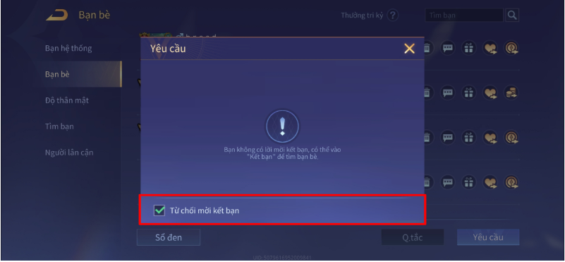 Từ chối lời mời kết bạn trong Liên Quân