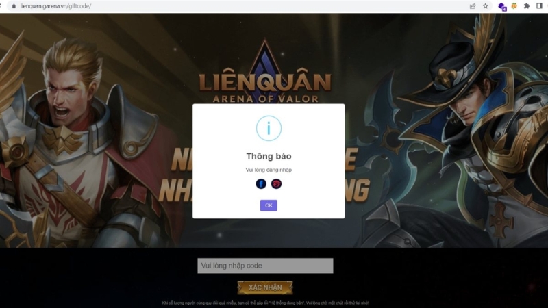 truy cập vào địa chỉ website nhập mã code Liên Quân