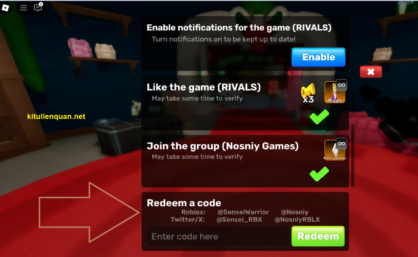 Cách nhập code chính xác (Redeem Guide) đổi phần quà trong Rivals